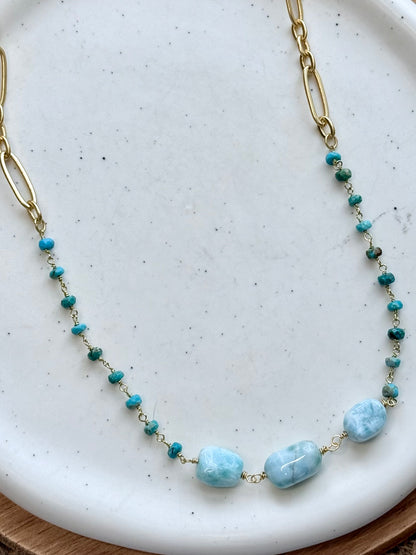 Turquoise + Larimar Matte Gold Necklace