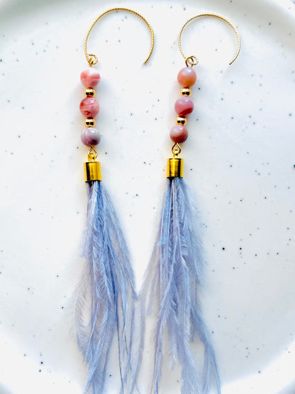 Pink Botswana Agate + Gold Feather Earrings