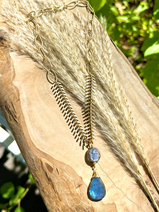 Labradorite + Matte Gold Fishbone Necklace