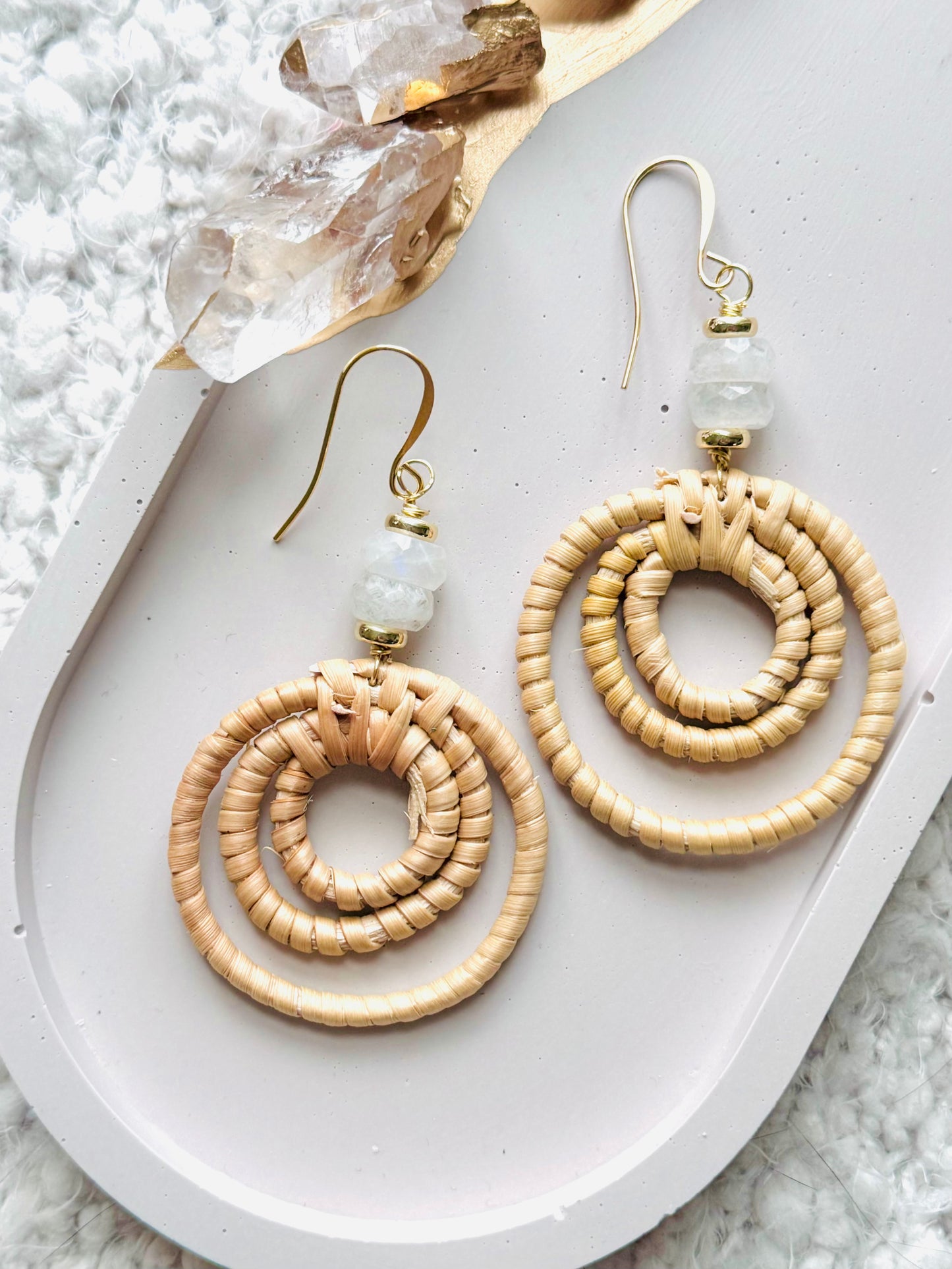 Rainbow Moonstone + Gold Rattan Earrings