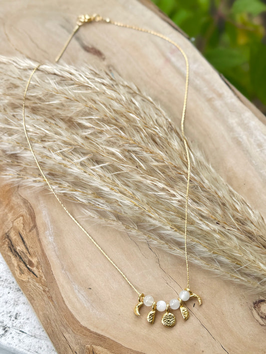 White Moonstone + Gold Moon Phases Necklace