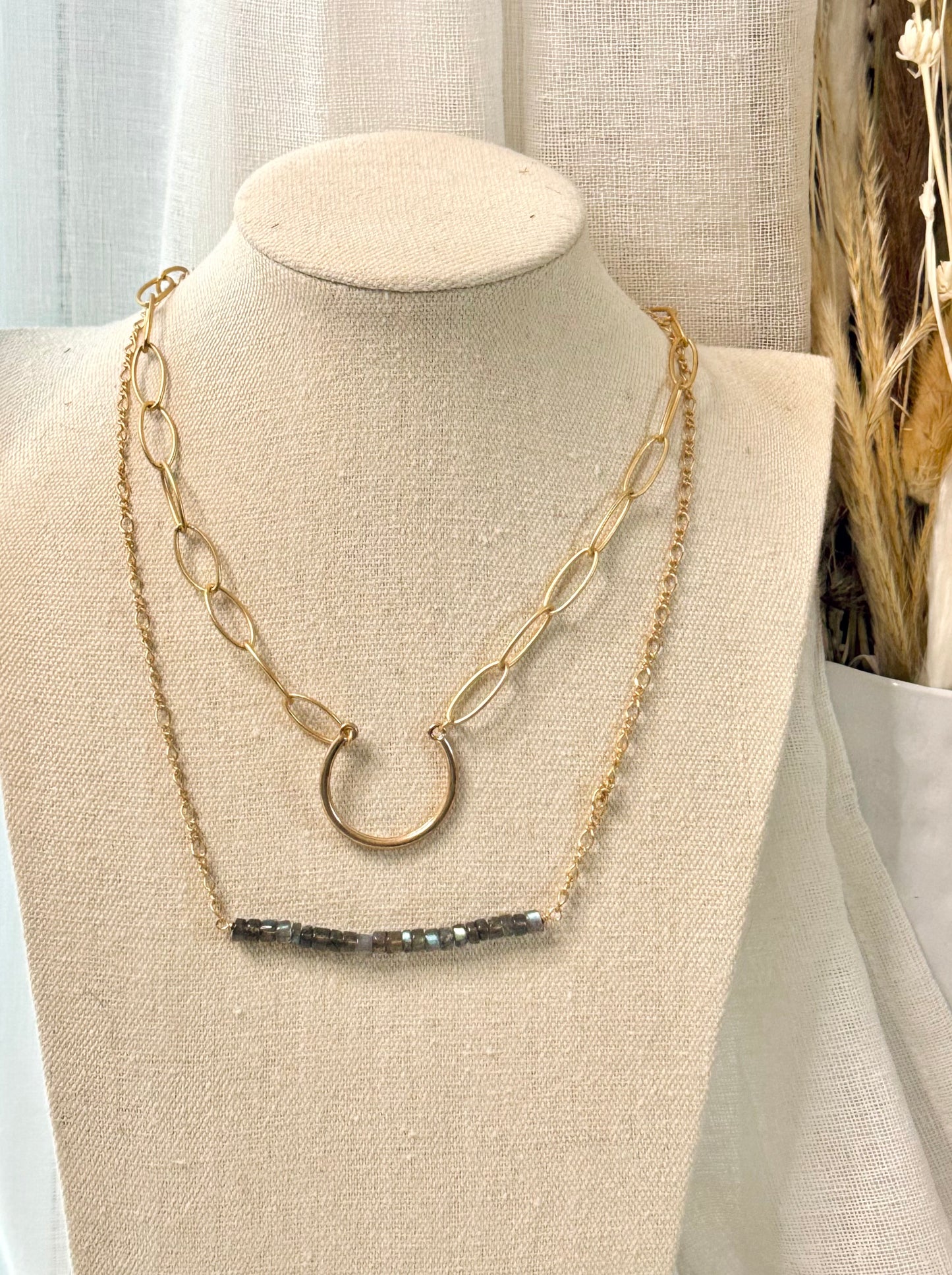 Labradorite + Gold Chain Long Bar Necklace