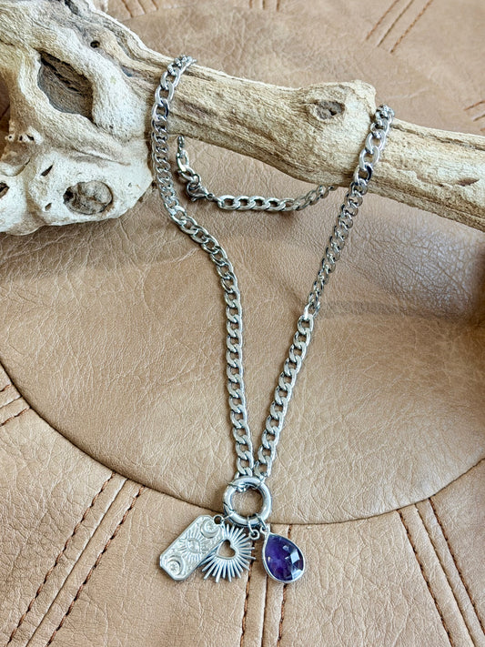 Amethyst + Stainless Steel Carabiner Necklace