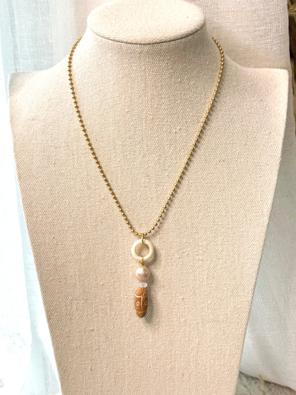 Freshwater Pearl, African Ceramic + Matte Gold Boho Necklace