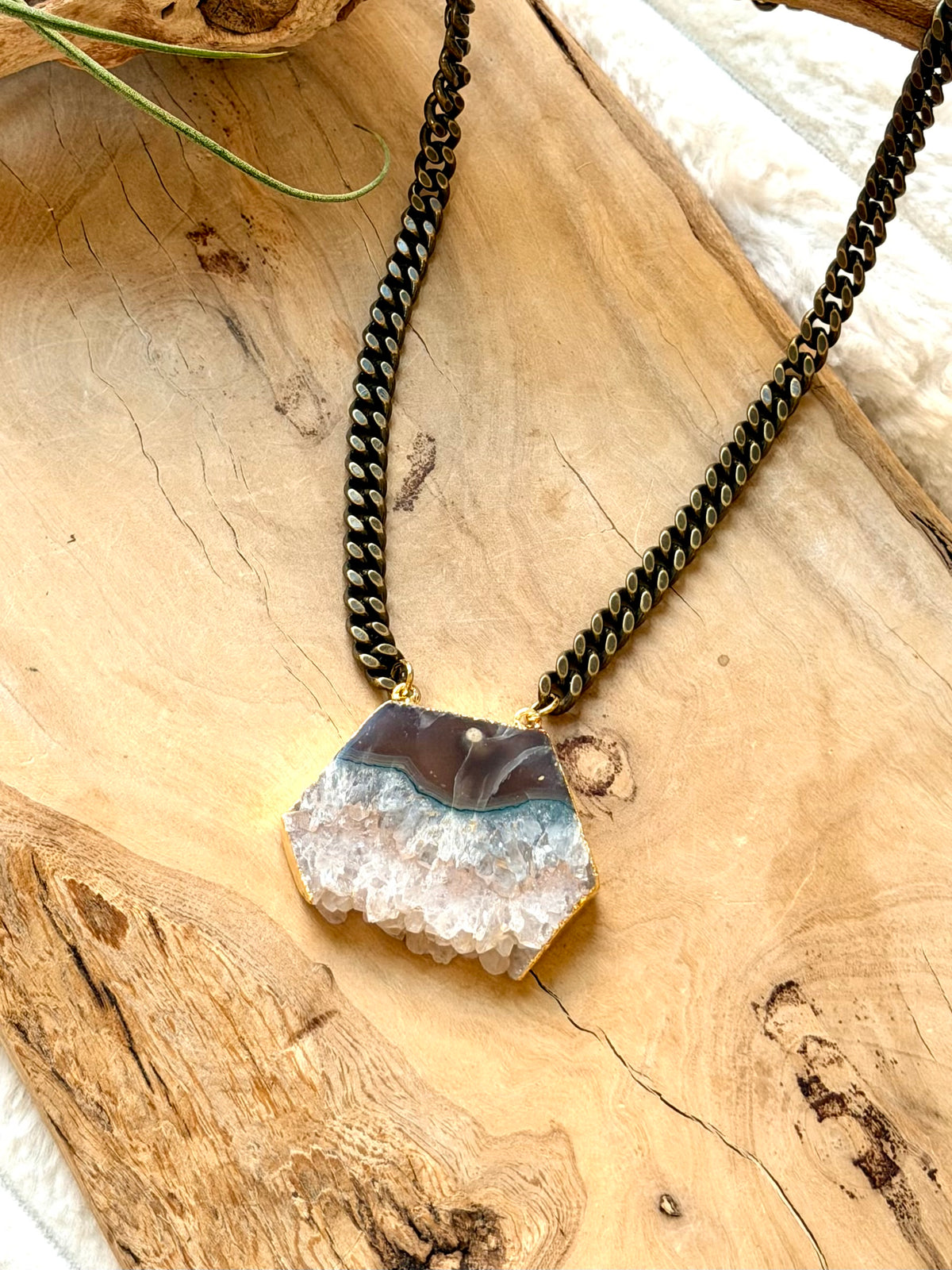 Amethyst Slice + Antique Brass Necklace