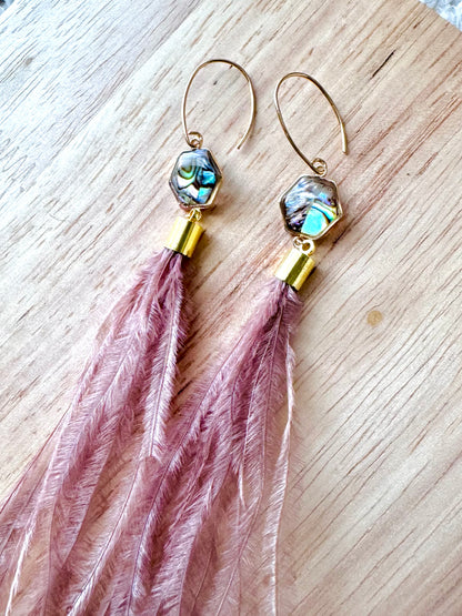 Abalone + Gold Blush/Brown Feather Earrings