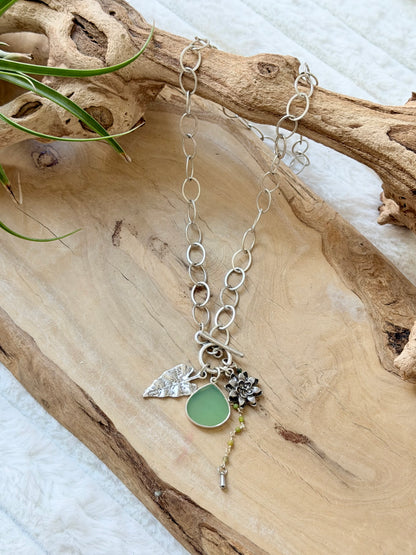 Chrysoprase + Green Opal Antique Silver Toggle Necklace