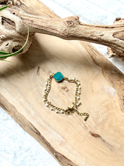 Chrysocolla + Moonstone Duet Bracelet in Gold Stainless Steel