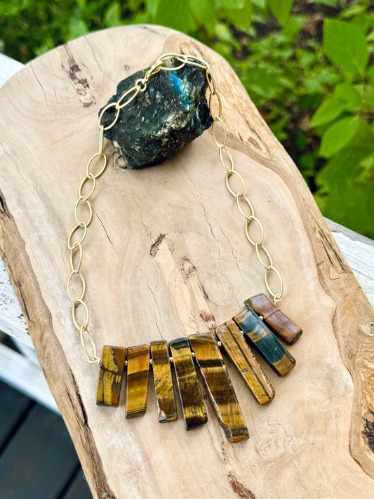 Tiger Eye + Matte Gold Bib Necklace