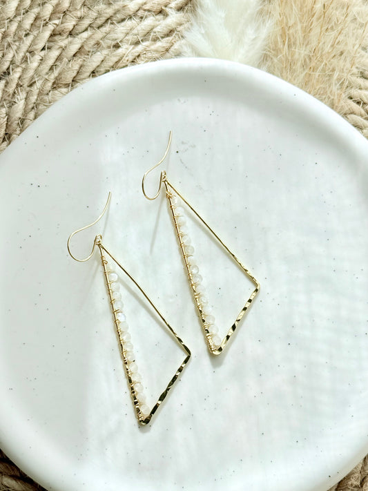 White Moonstone + Gold Large Triangle Earrings