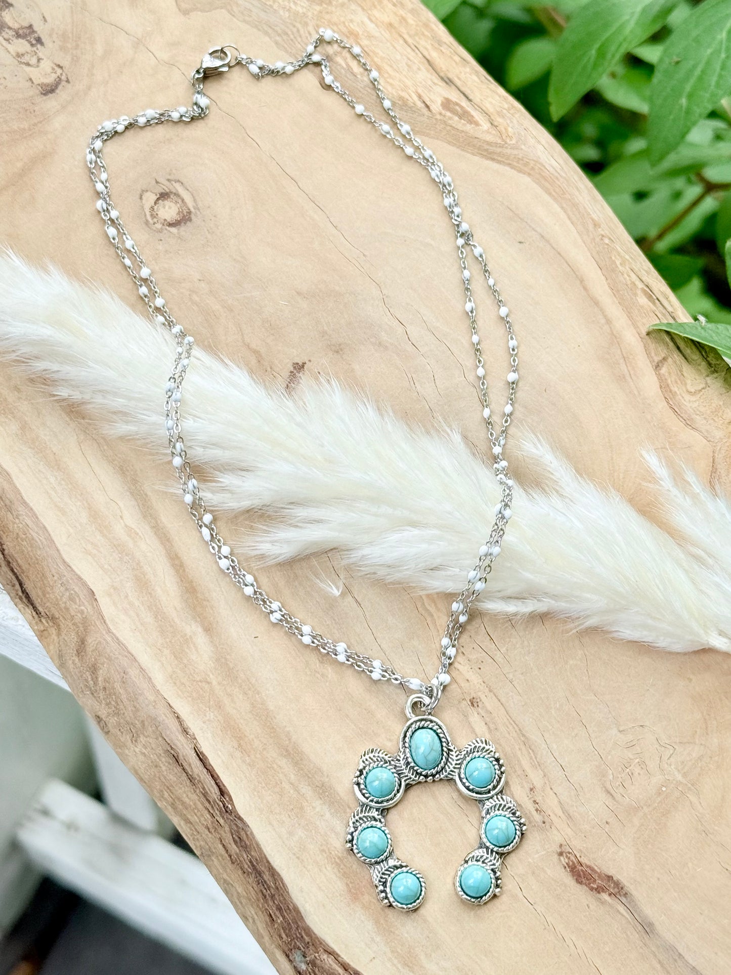 Turquoise + White Silver Squash Blossom Necklace