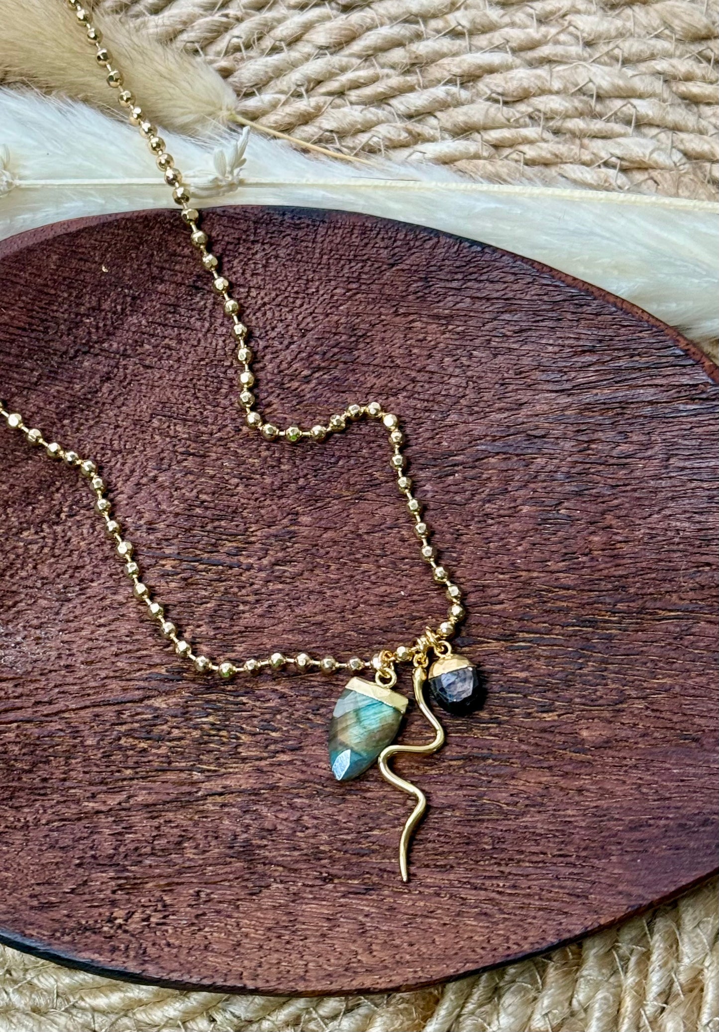 Labradorite + Arfvedsonite Gold Charm Necklace