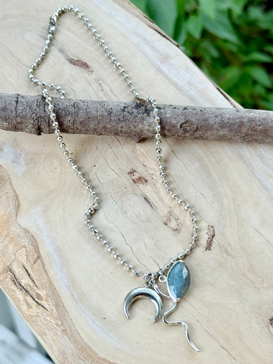 Labradorite Evil Eye + Silver Snake Necklace