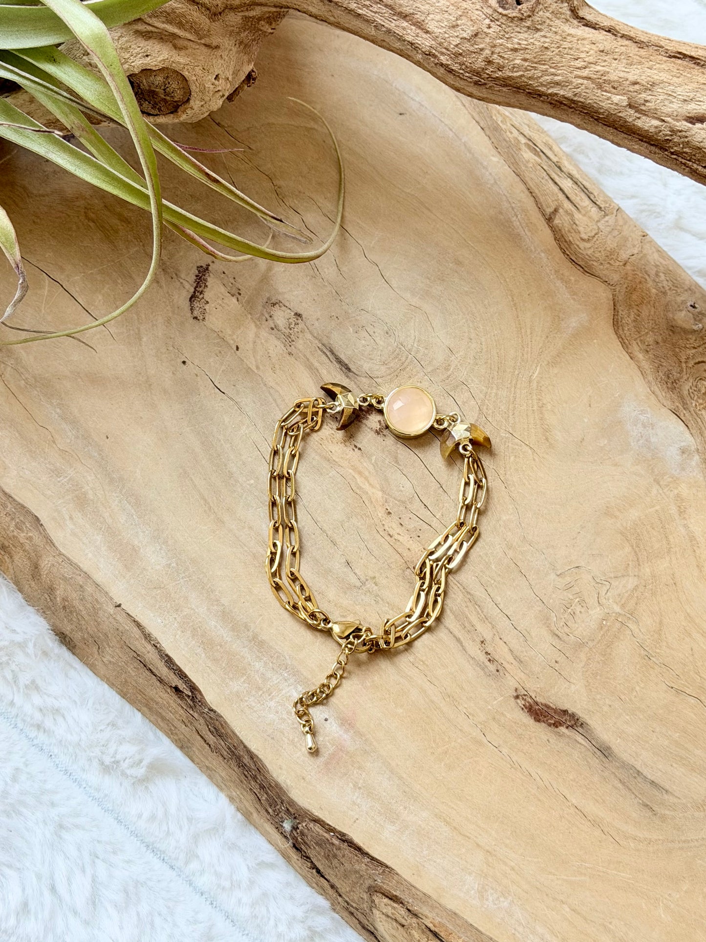 Rose Quartz + Tiger Eye Gold Moon Bracelet