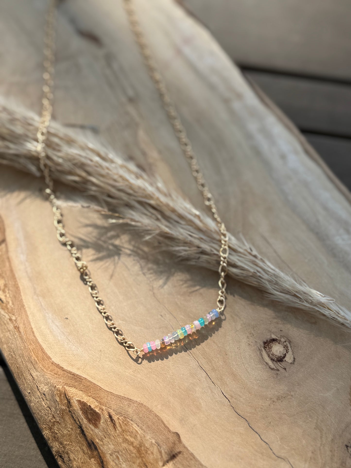 Rainbow Ethiopian Opal + Matte Gold Chain Mini Bar Necklace