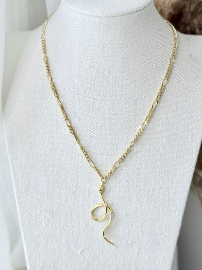 Gold Curled Snake + Figaro Chain Necklace