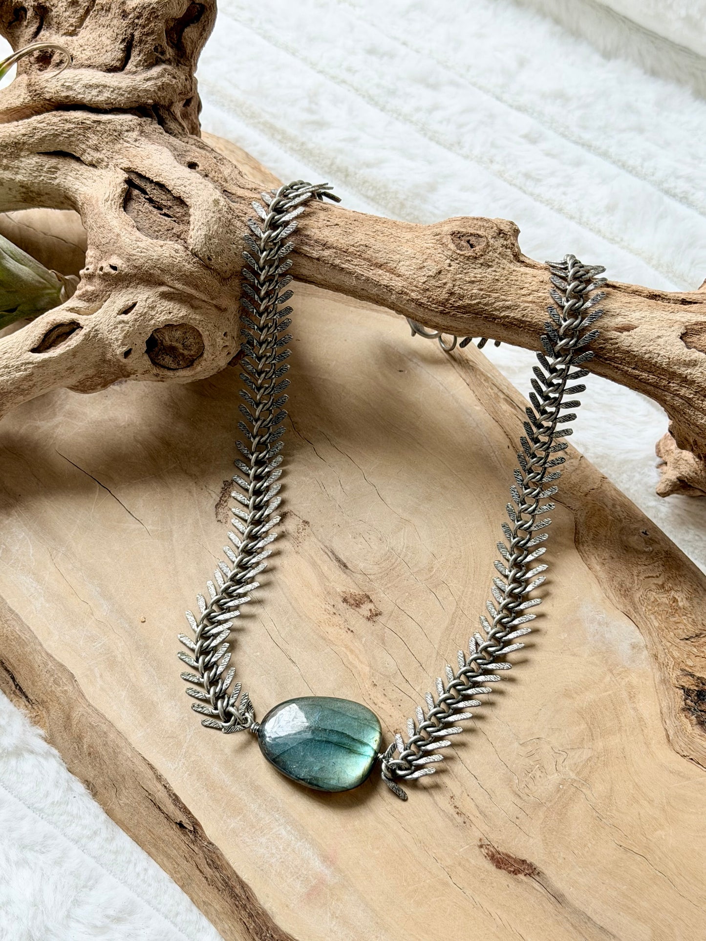 Labradorite + Antique Silver Fishbone Necklace
