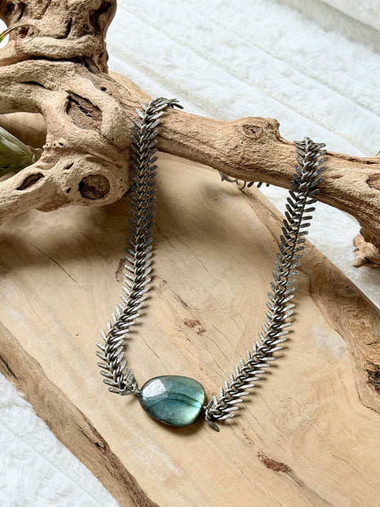 Labradorite + Antique Silver Fishbone Necklace
