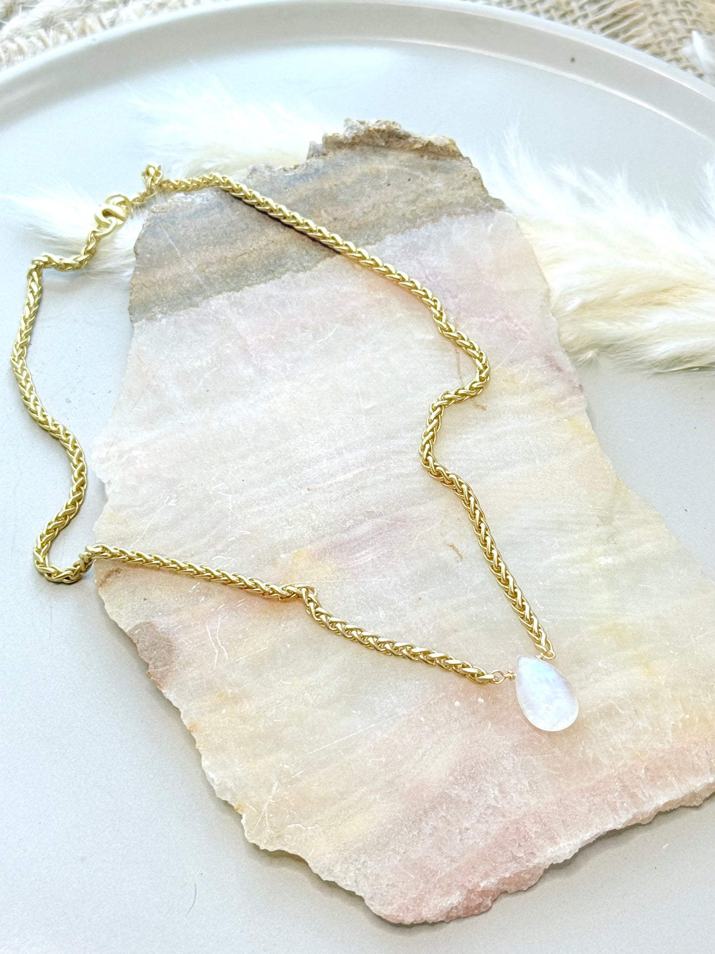Rainbow Moonstone + Matte Gold Necklace