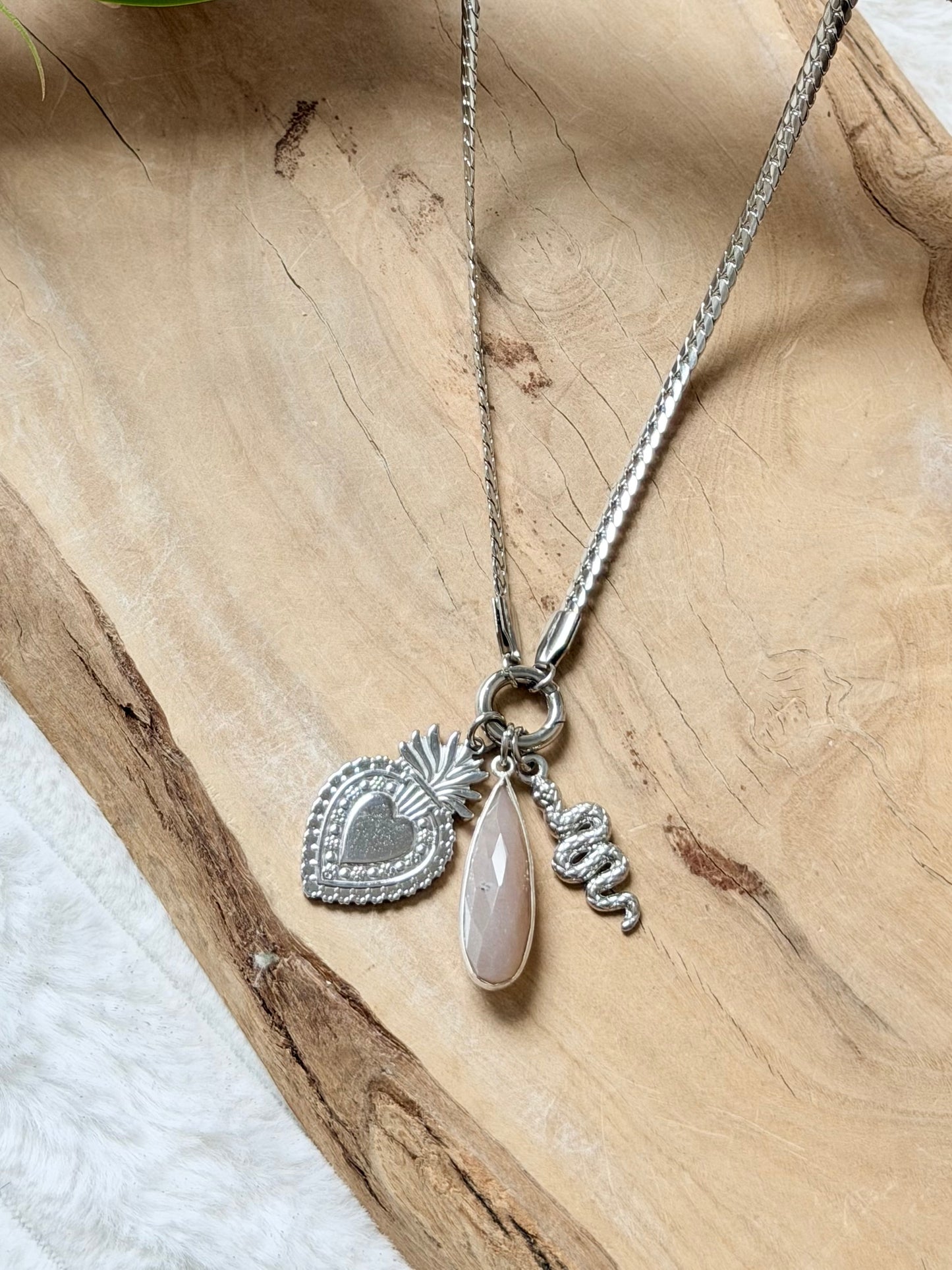 Peach Moonstone + Silver Carabiner Herringbone Necklace