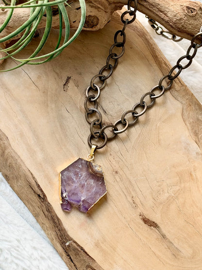 Amethyst Slice + Antique Brass Necklace