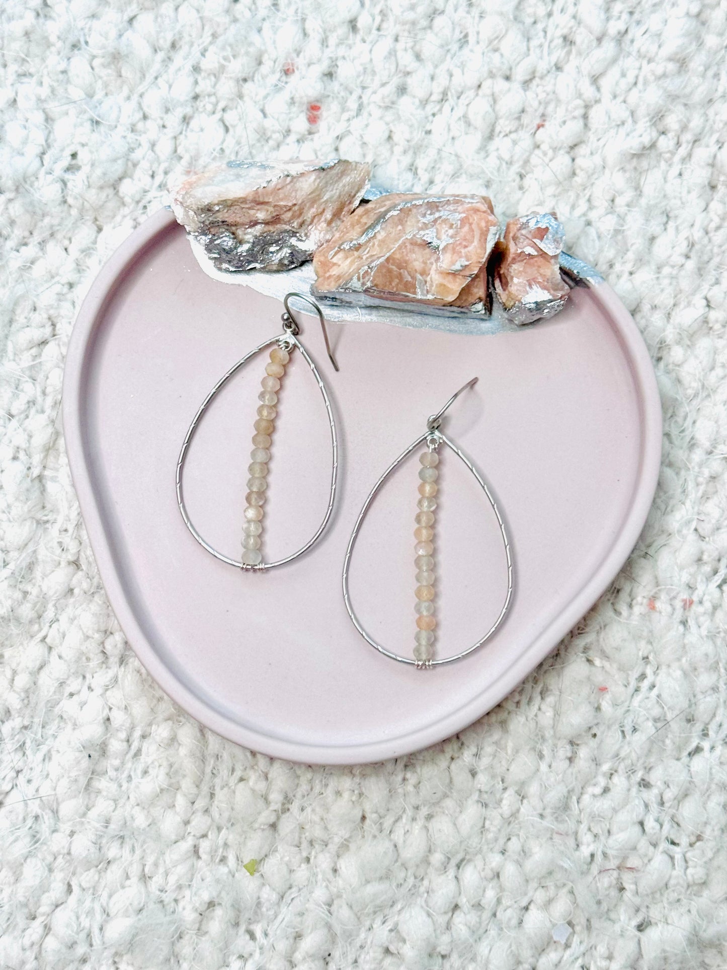 Moonstone + Matte Silver Teardrop Earrings