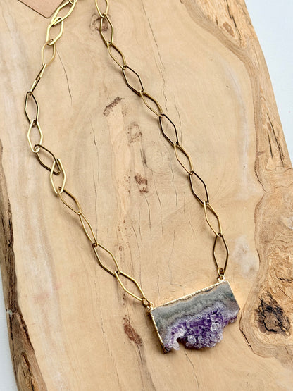 Amethyst Slice + Gold Stainless Steel Chain Necklace