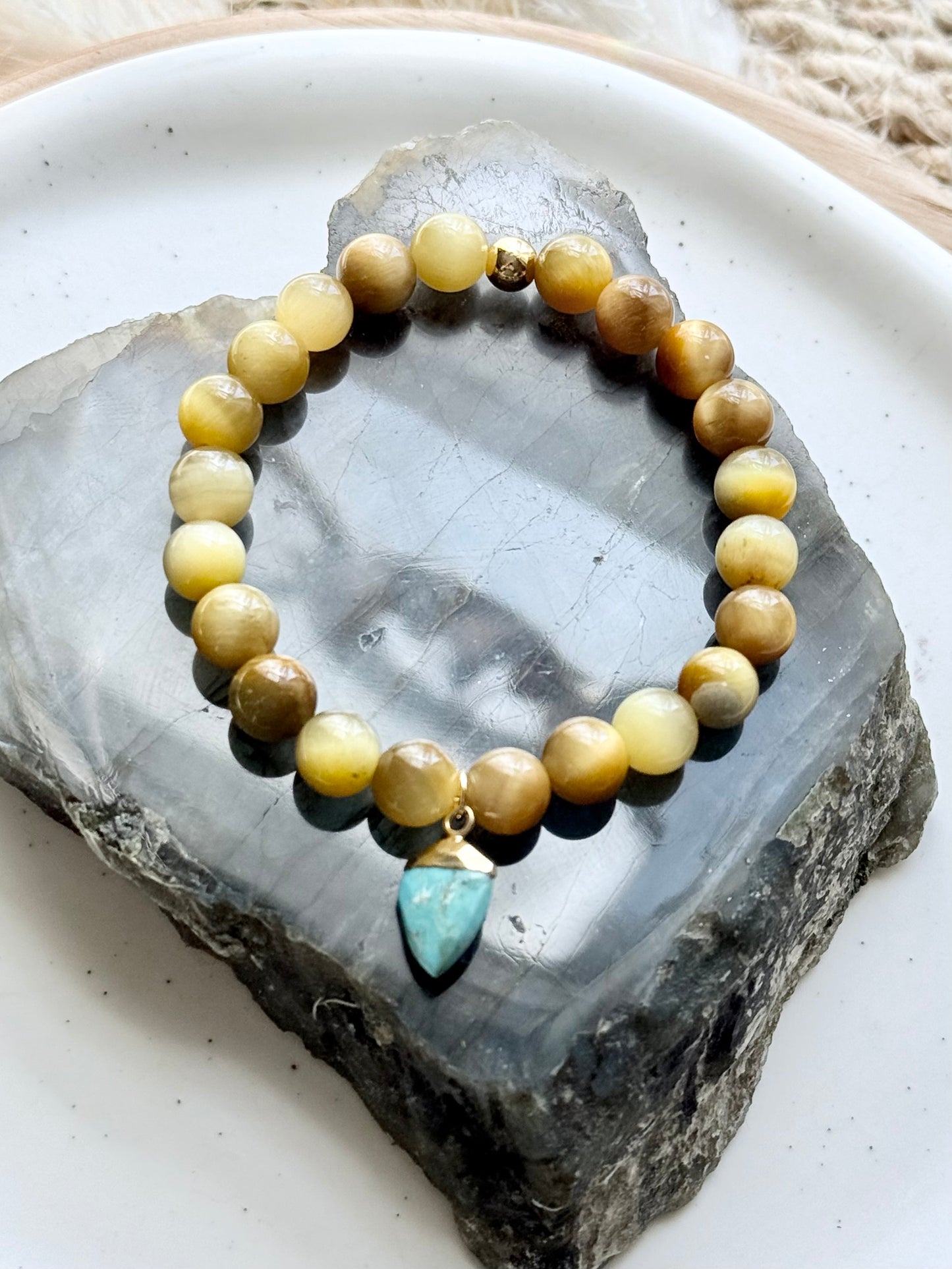 Blonde Tiger Eye + Turquoise Gemstone Pendant Bracelet