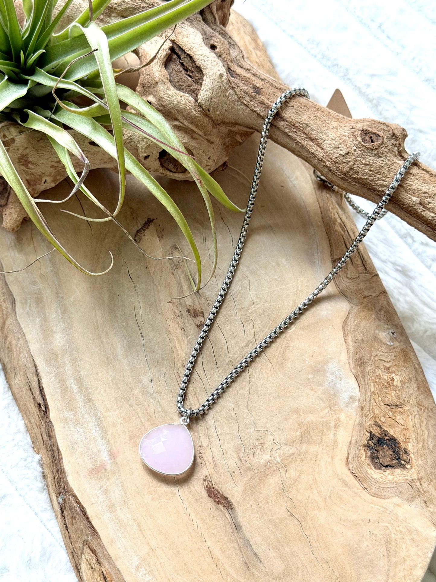 Pink Chalcedony + Silver Drop Pendant Necklace