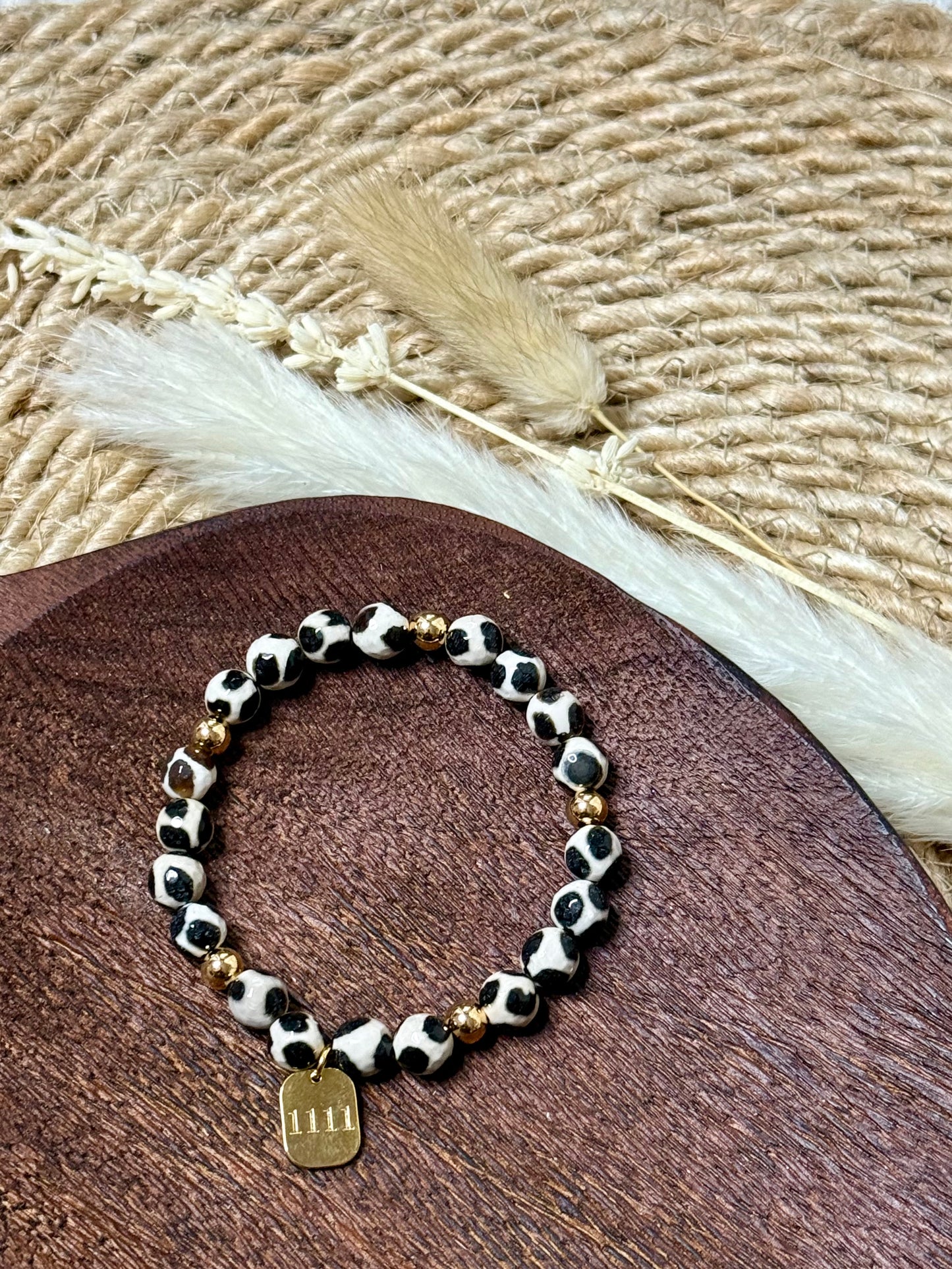 Black + White Spotted Tibetan Agate + Gold Chunky Charm Band