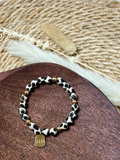 Black + White Spotted Tibetan Agate + Gold Chunky Charm Band