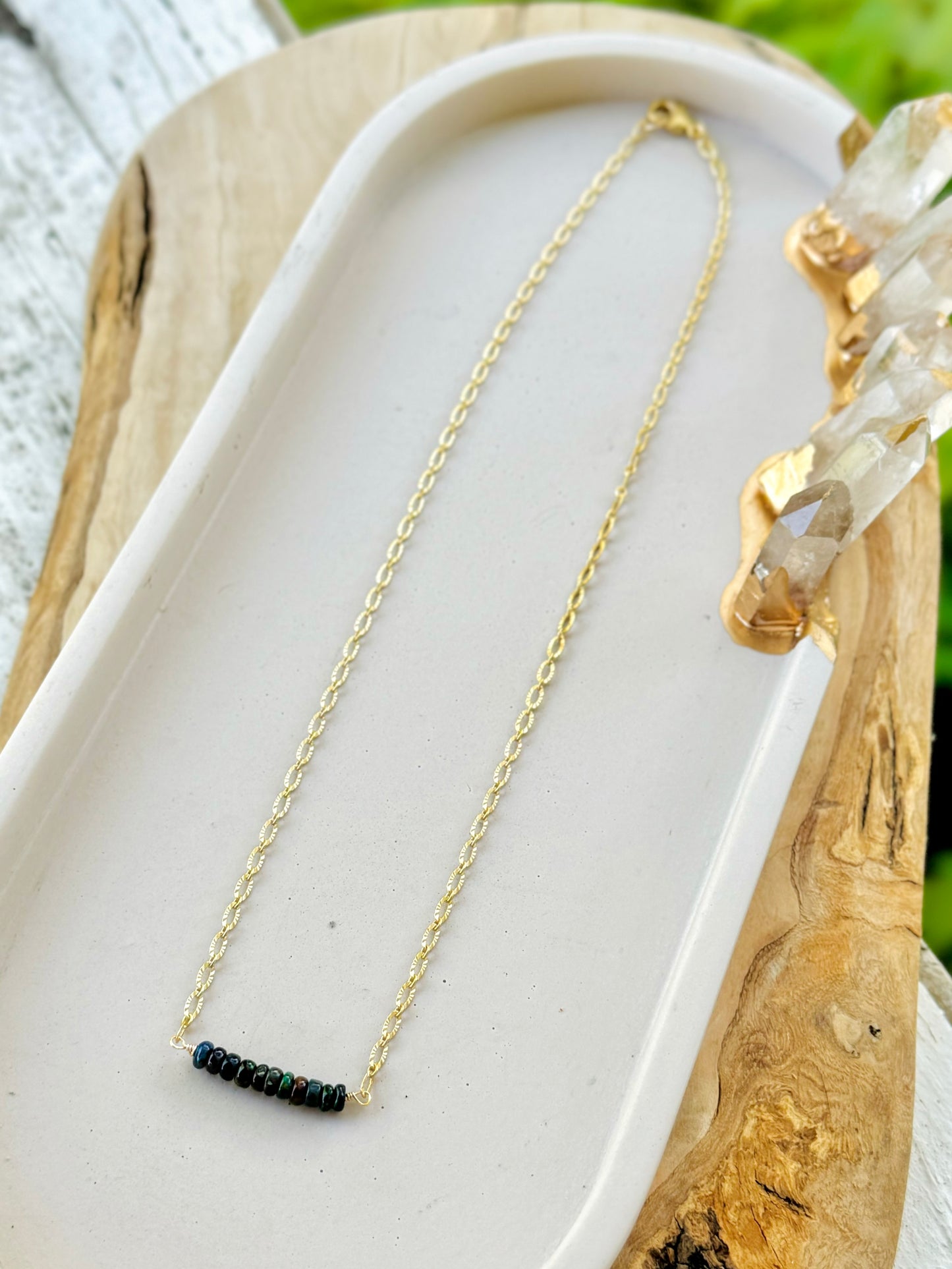 Black Ethiopian Opal + Matte Gold Mini Bar Necklace
