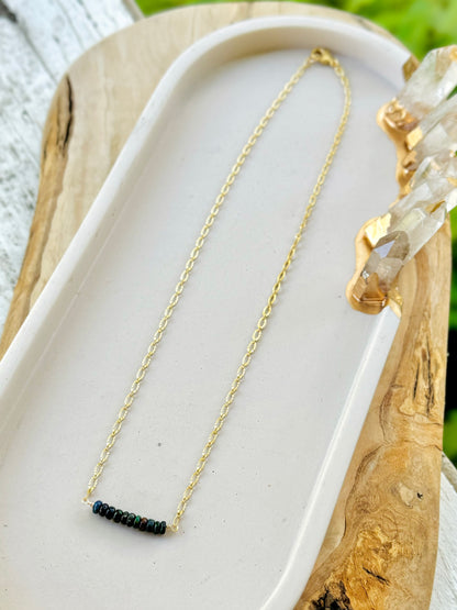 Black Ethiopian Opal + Matte Gold Mini Bar Necklace
