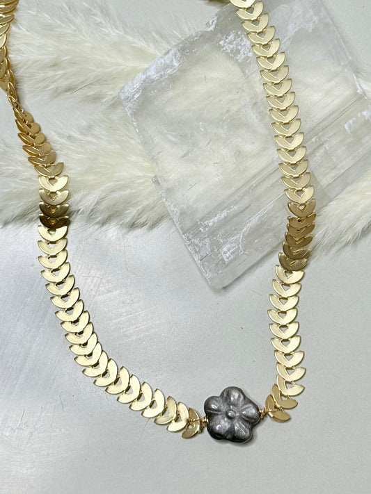 Gold Obsidian Flower + Matte Gold Half-Moon Chain Necklace