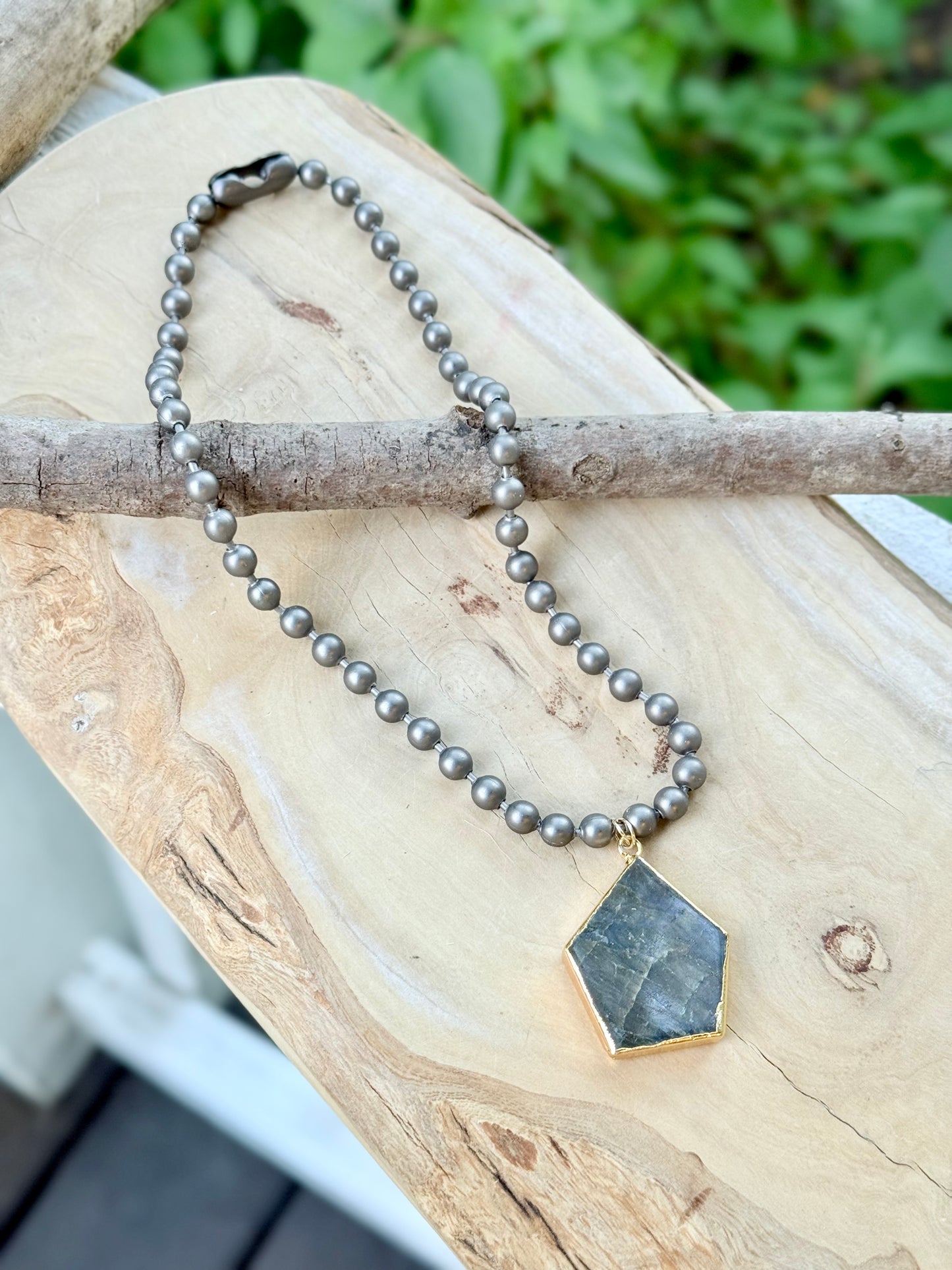 Labradorite + Matte Gunmetal Ball Chain Necklace