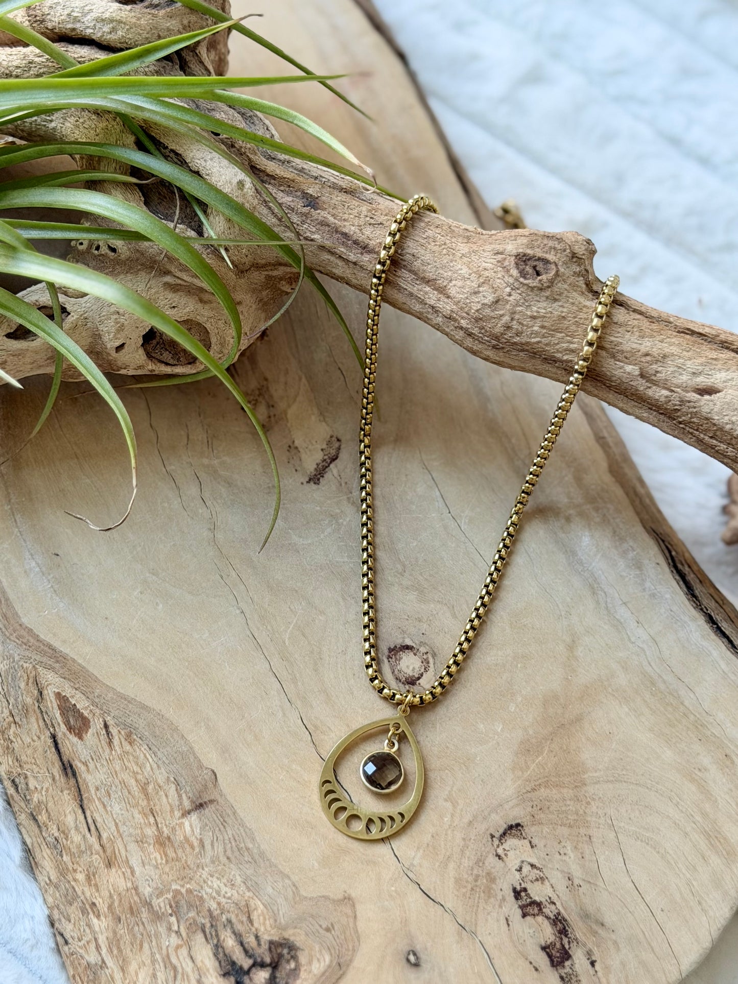 Smoky Quartz + Gold Moon Phases Necklace