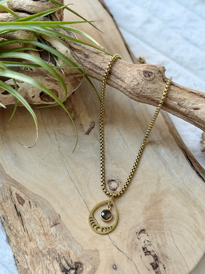 Smoky Quartz + Gold Moon Phases Necklace
