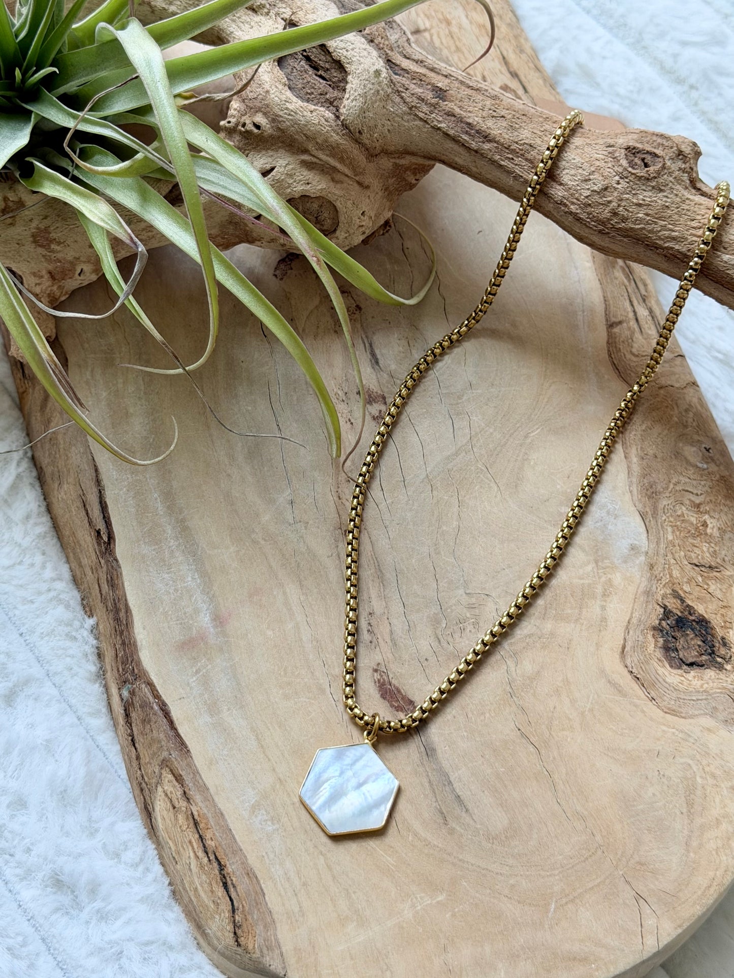Mother of Pearl Hexagon + Gold Stainless Steel Necklace