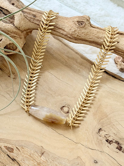 Golden Phantom Agate + Matte Gold Fishbone Necklace
