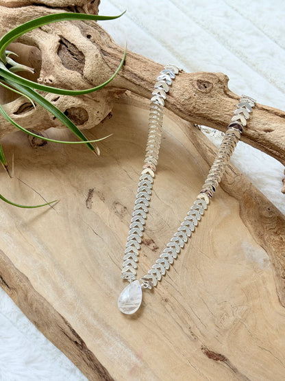 Rainbow Moonstone + Silver Half-Moon Chain Necklace