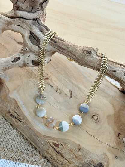 Phantom Agate + Matte Gold Fishbone Chain Necklace