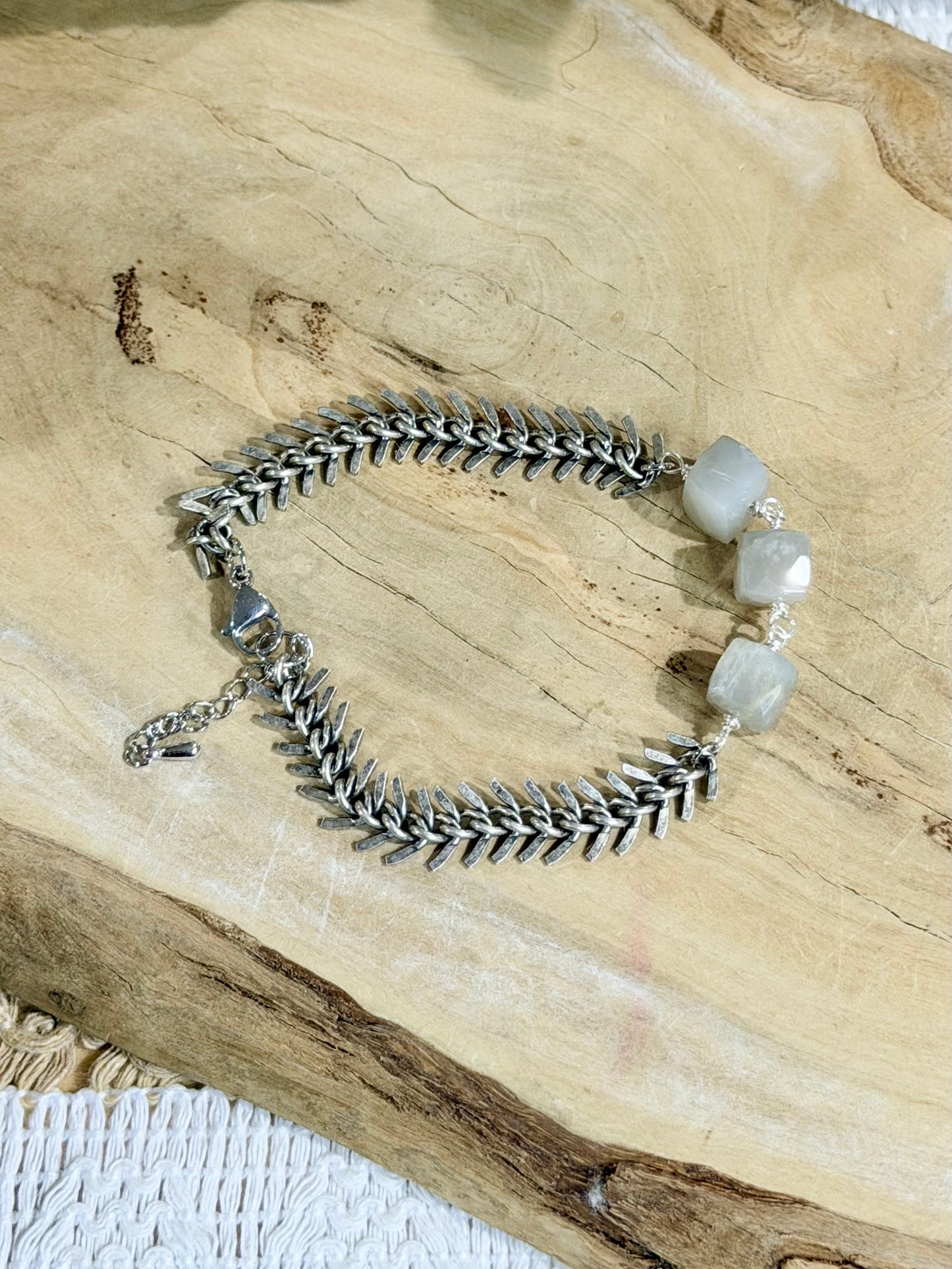 Gray Moonstone + Antique Silver Fishbone Chain Bracelet