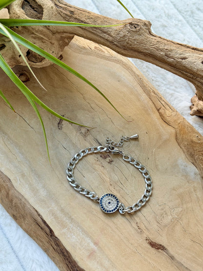 Round Evil Eye + Silver Chain Bracelet