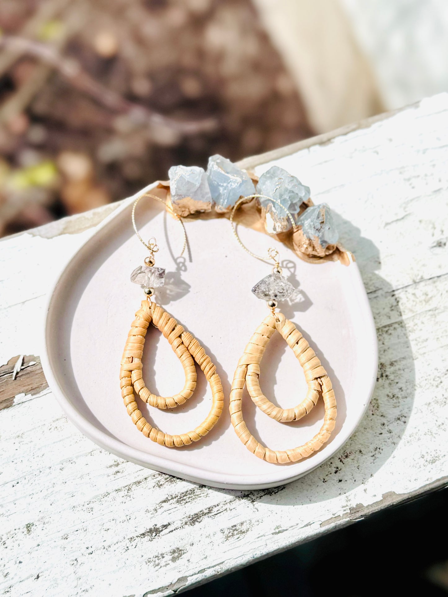 Herkimer Diamond + Gold Rattan Earrings