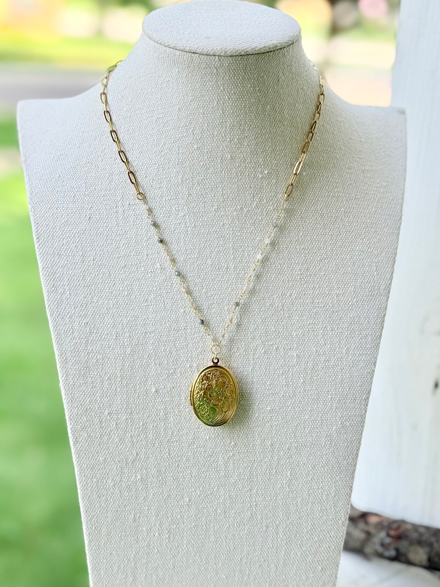 Mixed Moonstone + Matte Gold Locket Necklace