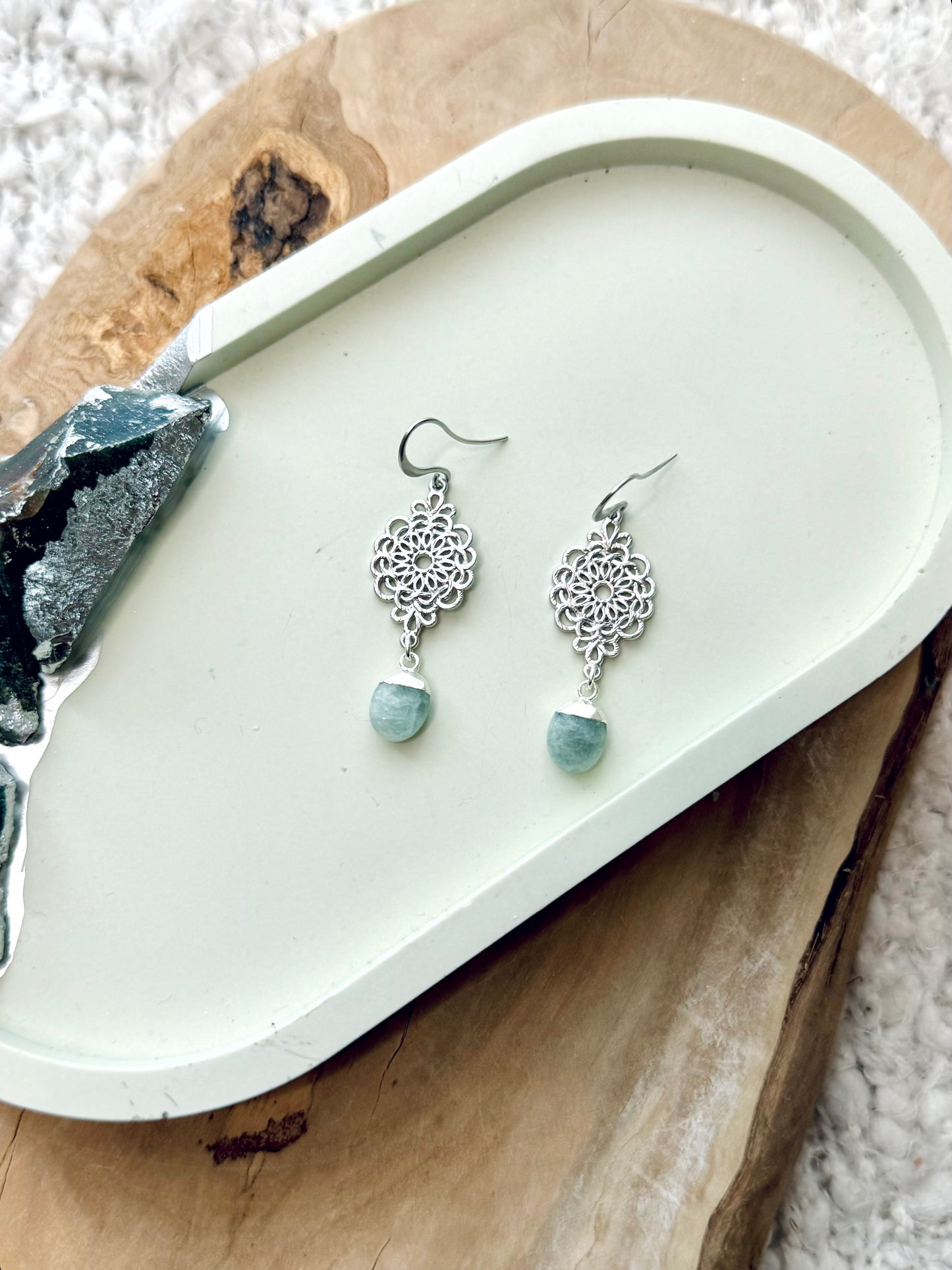 Aquamarine + Matte Silver Floral Earrings