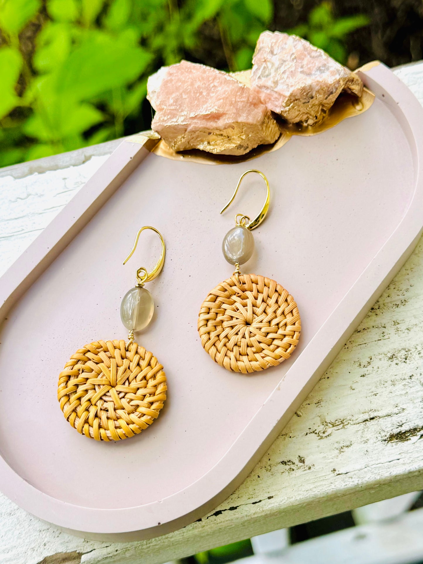 Gray Oval Moonstone + Gold Mini Rattan Earrings