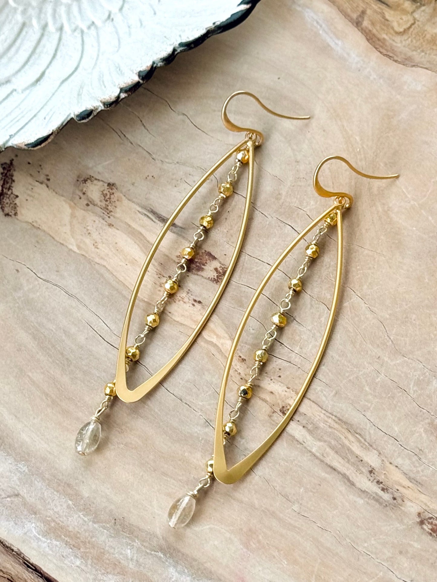 Rutilated Quartz + Pyrite Matte Gold Earrings