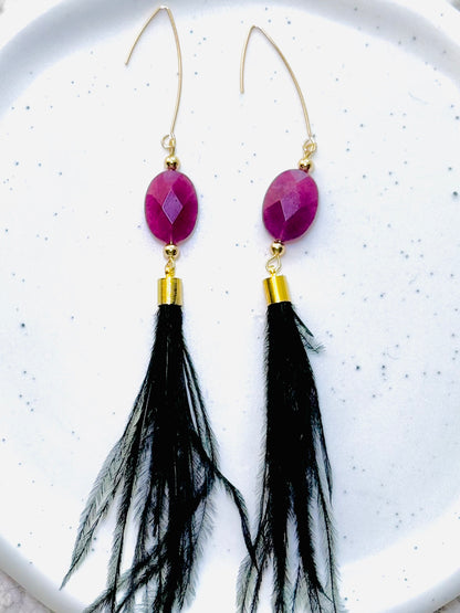 Purple Jade + Gold Black Feather Earrings