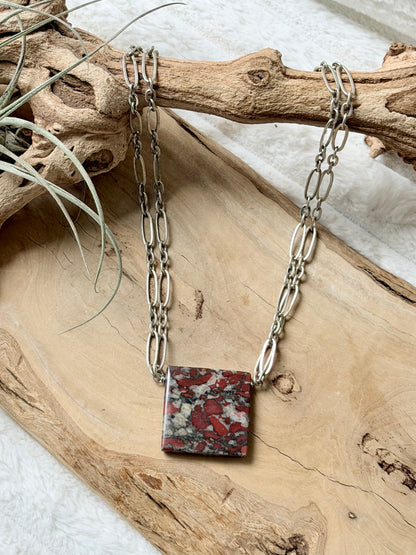 Red Brecciated Blood Jasper + Antique Silver Double Chain Necklace
